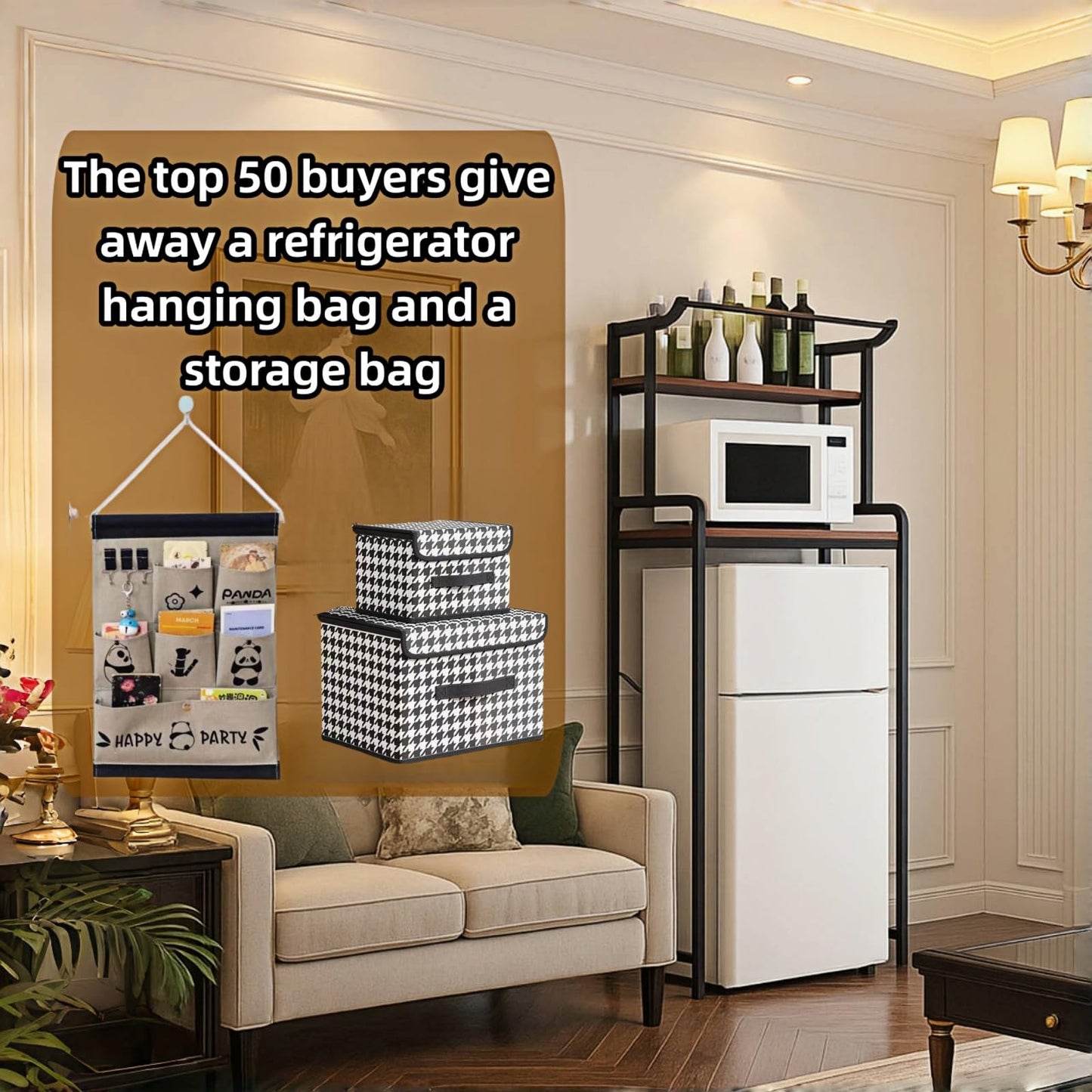 Dorm Mini Fridge Microwave Oven Shelf, with a Free Fridge Hanging Bag, Kitchen Small Fridge Top Space Storage Rack, Wooden and Metal Adjustable Size(23.6" Lx 19.7" W x 58.7" H)
