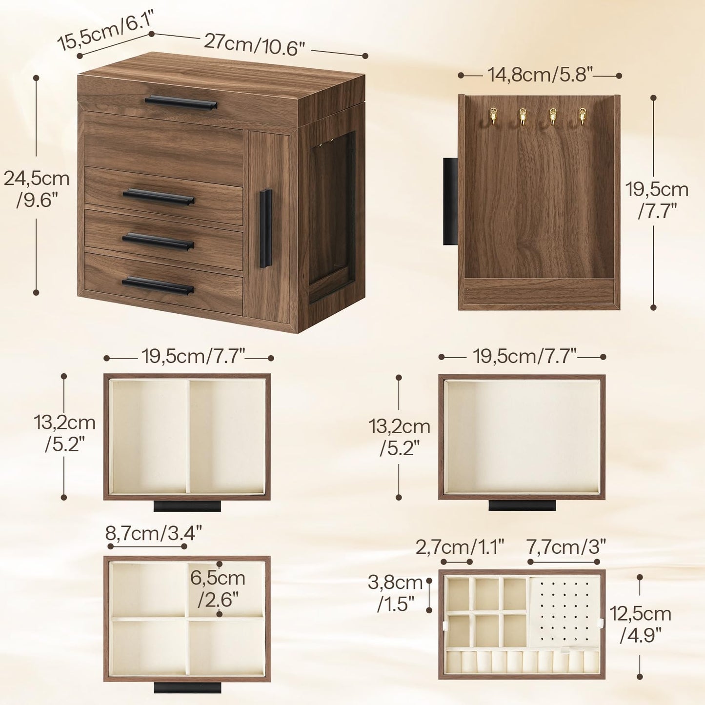 HOOBRO Jewelry Box with Mirror, Wooden Jewelry Organizer Box with Side Clear Acrylic Panel, Large Jewelry Case for Earrings, Necklaces, Rings, Watches, Walnut BH22JB04