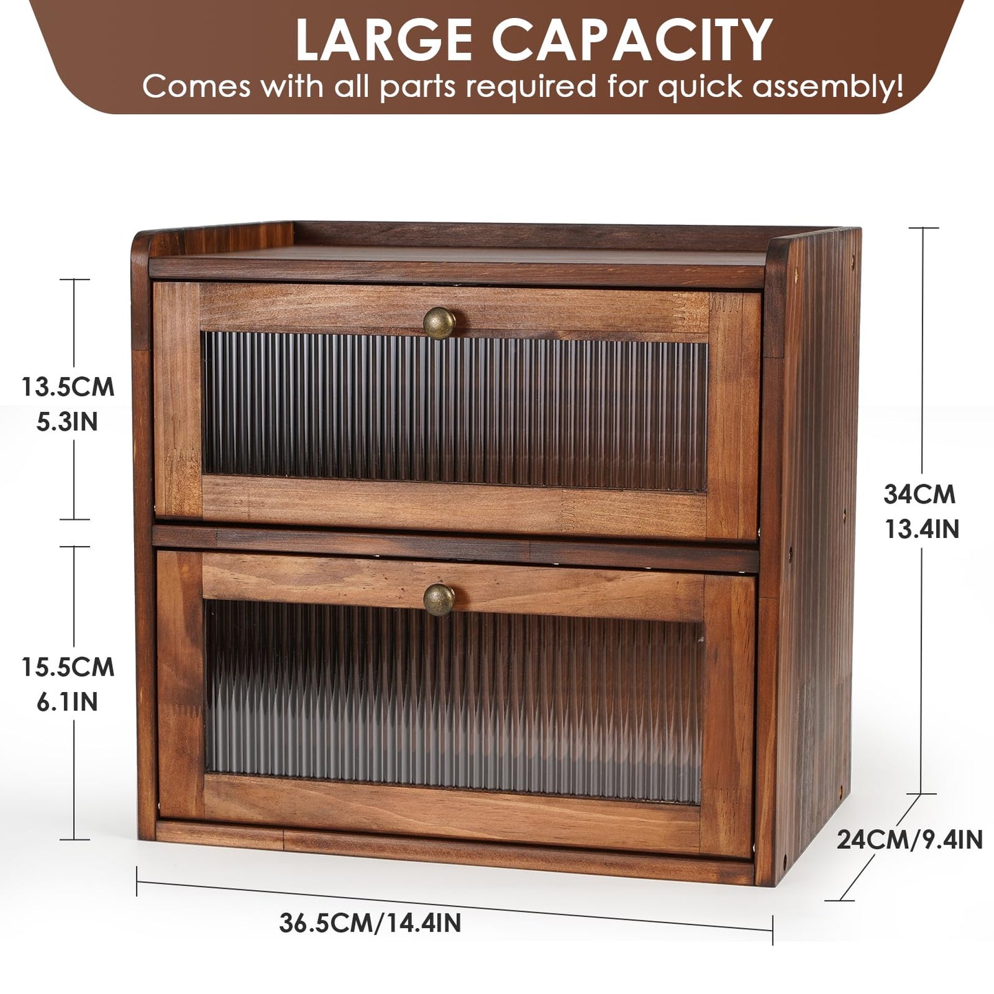 Sunhoo Double Layer Bread Box (L14.4in*W9.4in*H13.4in/Brown) and Single Wooden Bread Storage(L14.37in*W9.25in*H8.66in/Brown) Rustic Bread Keeper Farmhouse Food Organizer Pantry Shelf Acrylic Window