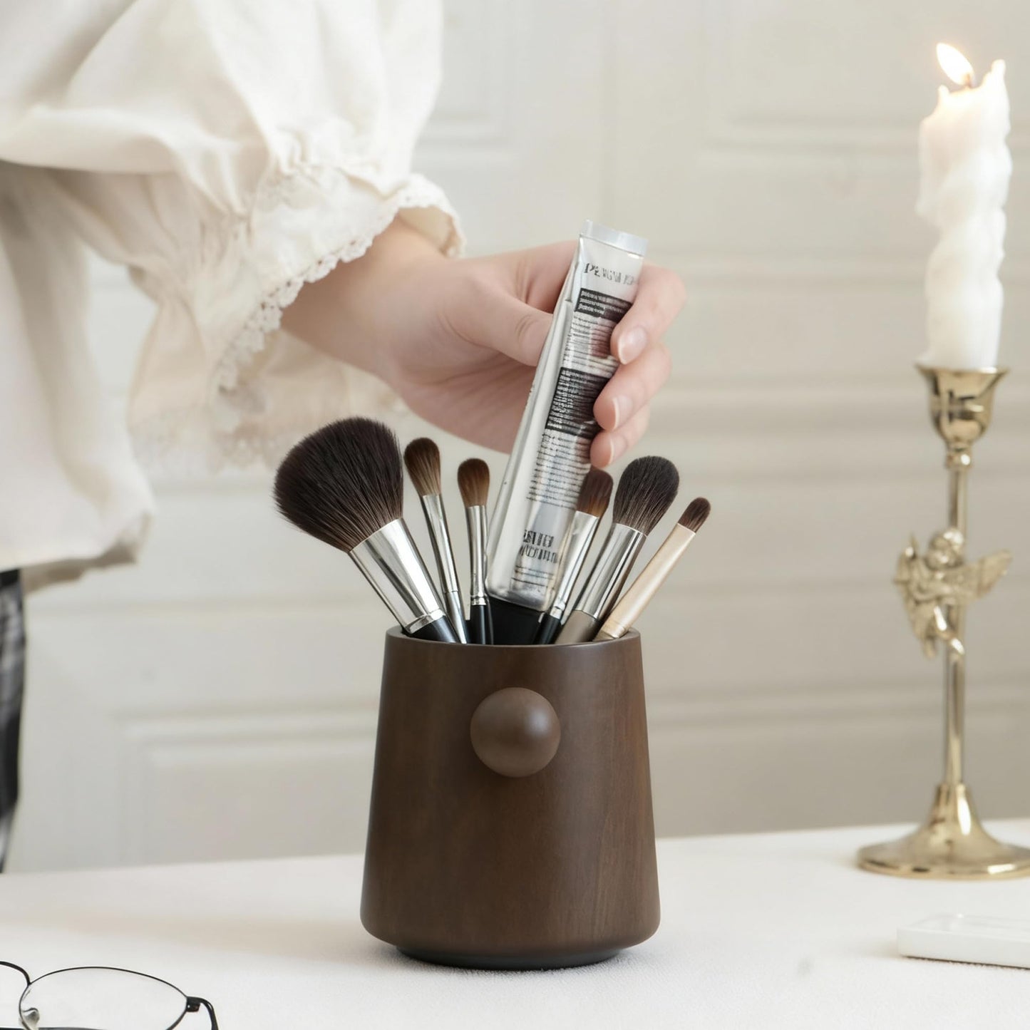 WOOTIDE Solid Wooden Black Walnut Pencil Holder for Desk, Rotating Pencil Box, Wood Pen Holder Cups for School Supplies Storage