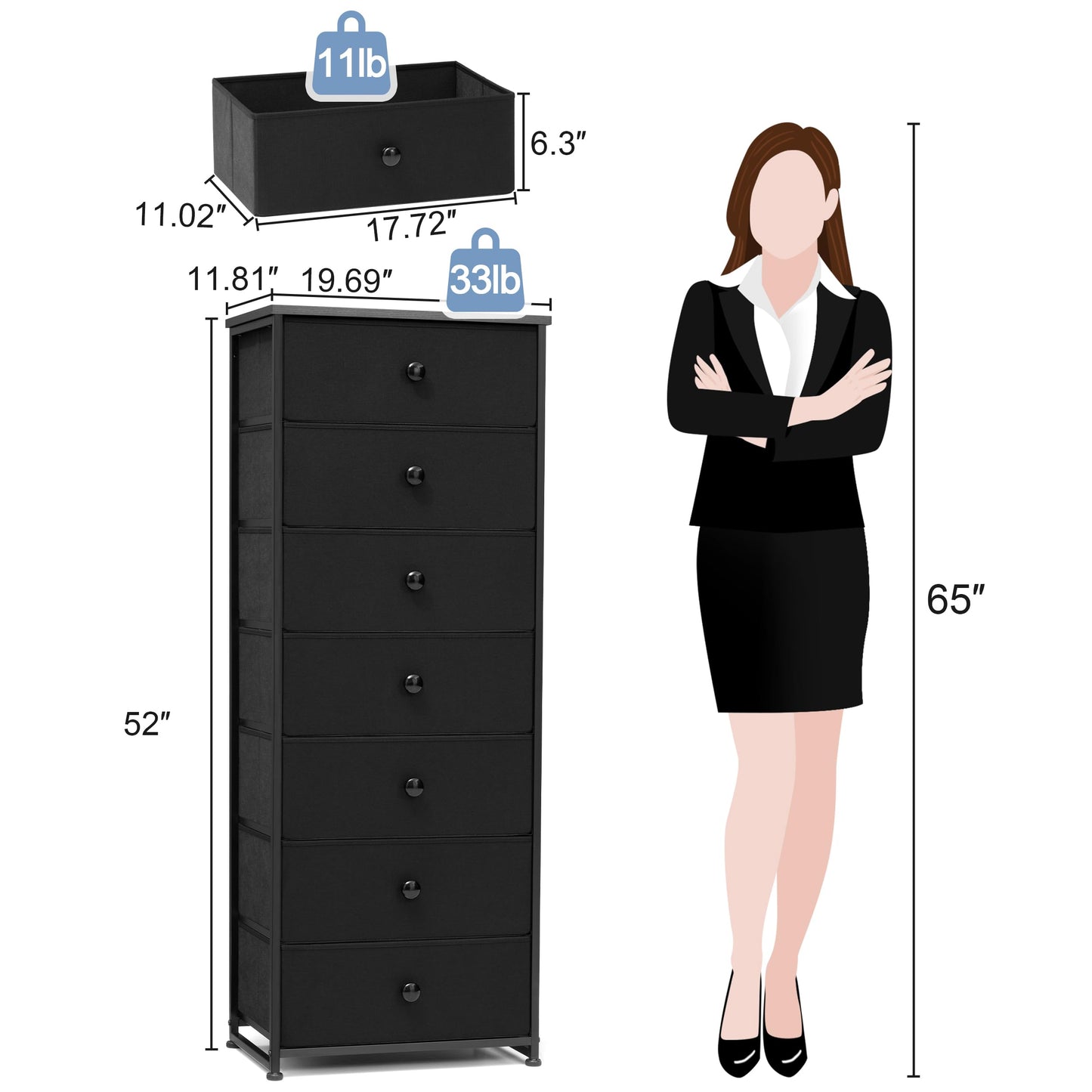 Crestlive Products Tall Dresser, 7-Drawer Fabric Storage Tower, Chests of Drawers - Vertical Organizer Unit for Bedroom, Hallway, Entryway, Nursery, Closets - Steel Frame, Wood Top & Handles (Black)