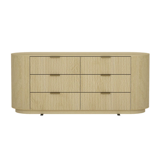 Manhattan Comfort Olivia 71” Wide Modern 6 Drawer Dresser with Wood Grain Finish, Ribbed Texture, Solid Wood Rounded Corners & Metal Handles, Chest of Drawers for Any Room, Natural Oak & Gold