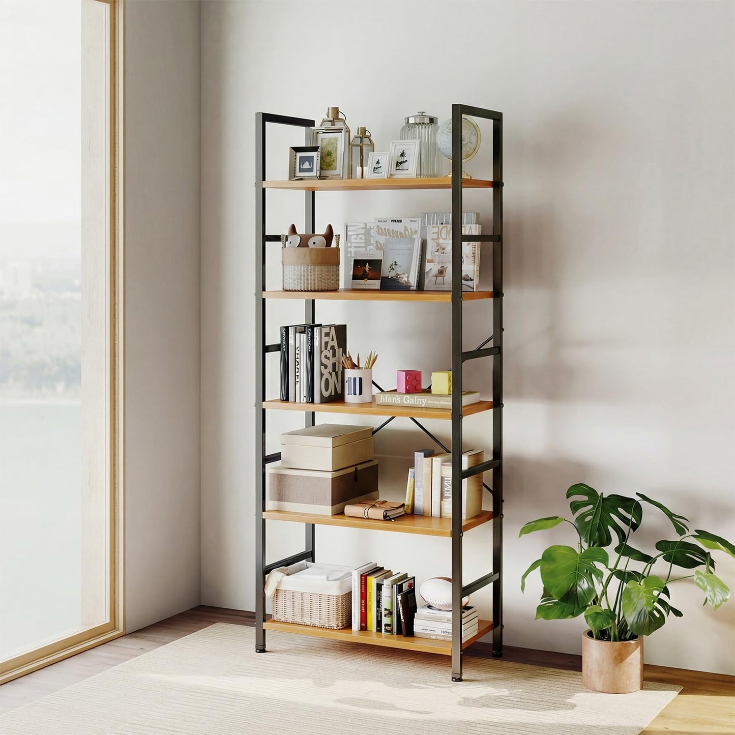 DUMOS 5 Tiers Bookshelf, Classical Book Shelf, Tall Display Shelves in Living Room/Home/Office, Storage Organizer for CDs/Books/Movies, Wood