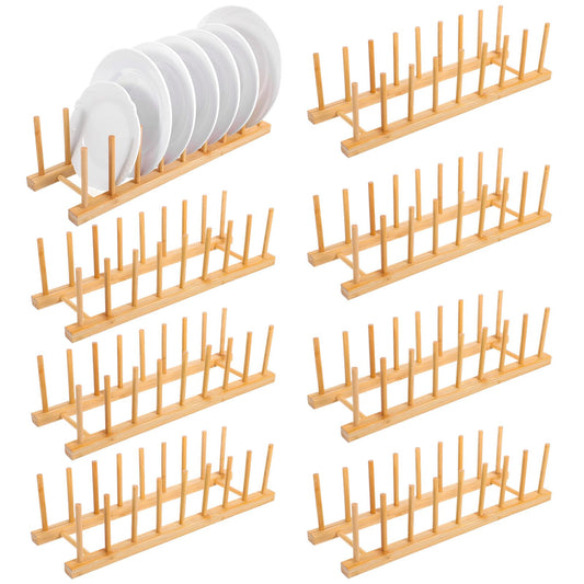 Leooomap 8-Slot Bamboo Wooden Plate Rack, Dish Drying Rack & Pot Lid Holder Stand, Kitchen Cabinet Organizer for Bowls, Cups, Cutting Boards