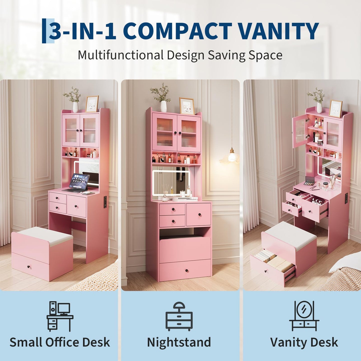 3 in 1 Vanity Desk with LED Light, Tall Makeup Vanity Set with 2 AC Outlets & USB-C, Dressing Table with Storage Drawers & Acrylic Doors, Nightstand Vanity Mirror, Jewelry Box, Cushioned Chair
