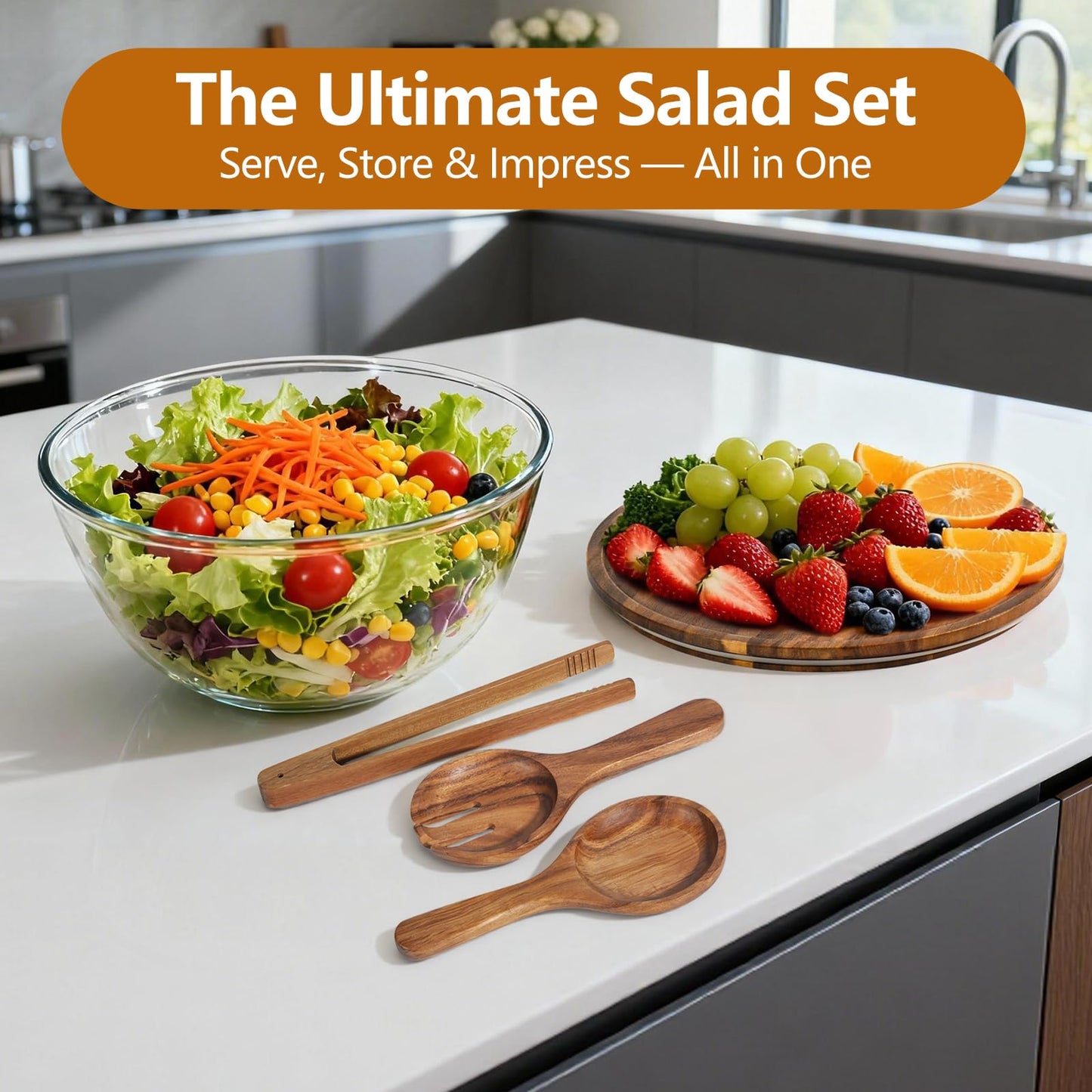 Anyvape Glass Salad Bowl Set, 4.8QT with Acacia Wood Lid & Utensils