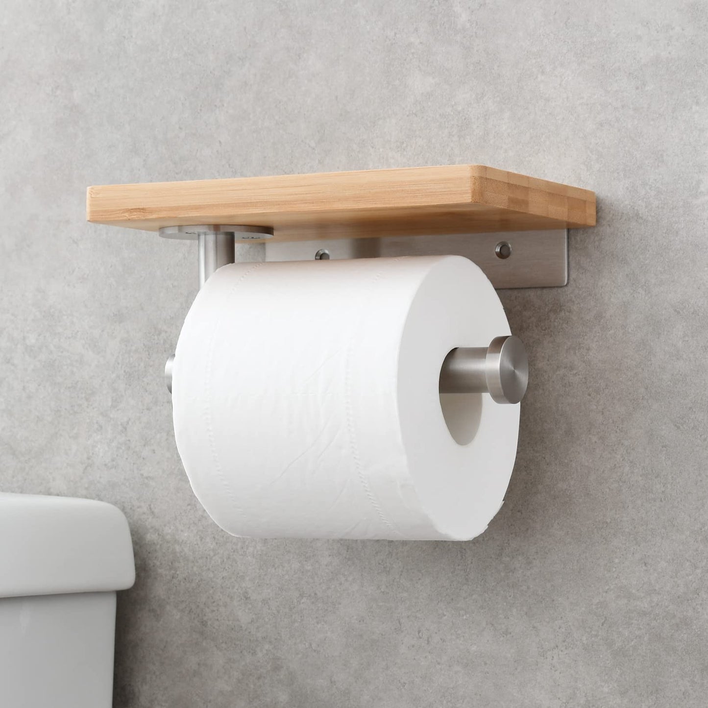 Tecmolog Stainless Steel Paper Roll Holder Wall Mount Toilet Tissue Holder with Wooden Storage Shelf, Brushed Nickel, SBH264NA
