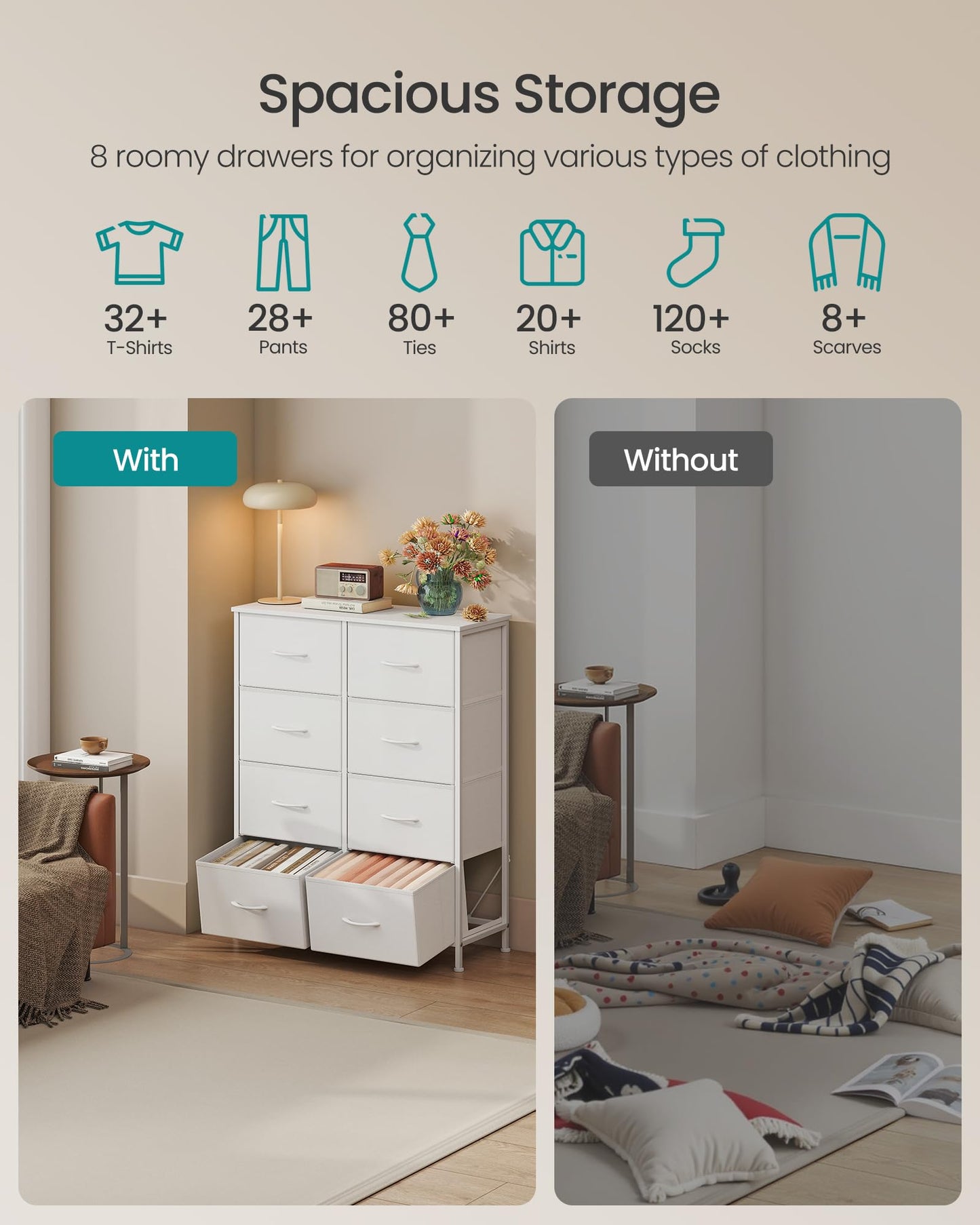 SONGMICS BELLAH Collection - Dresser for Bedroom, Chest of Drawers, Storage Organizer Unit, Closet, Entryway, Steel, 8 Drawers, Modern, Cloud White and Snow White ULGS124W01S
