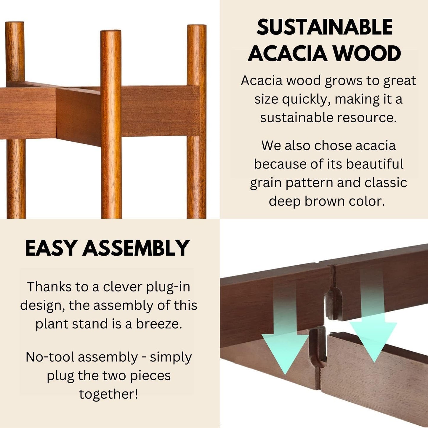 Fox & Fern Mid Century Tall Plant Stand — 10 Inch Fixed Size Raised Wooden Plant Stand for Indoor Planters (Not Included); Modern Flower Pot Holder with Plug In Design; Easy to Assemble - Acacia