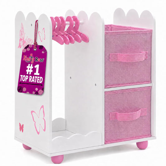 Emily Rose 18" Doll Open Wardrobe Closet - Butterfly Collection Storage Closet with 5 Hangers & 2 Large Fabric Bins | American Girl Compatible | USA Brand