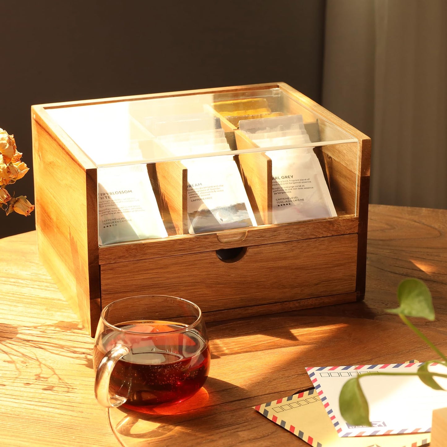 HTB Acacia Wood Tea Organizer 2 Tier with Drawer,Large Capacity