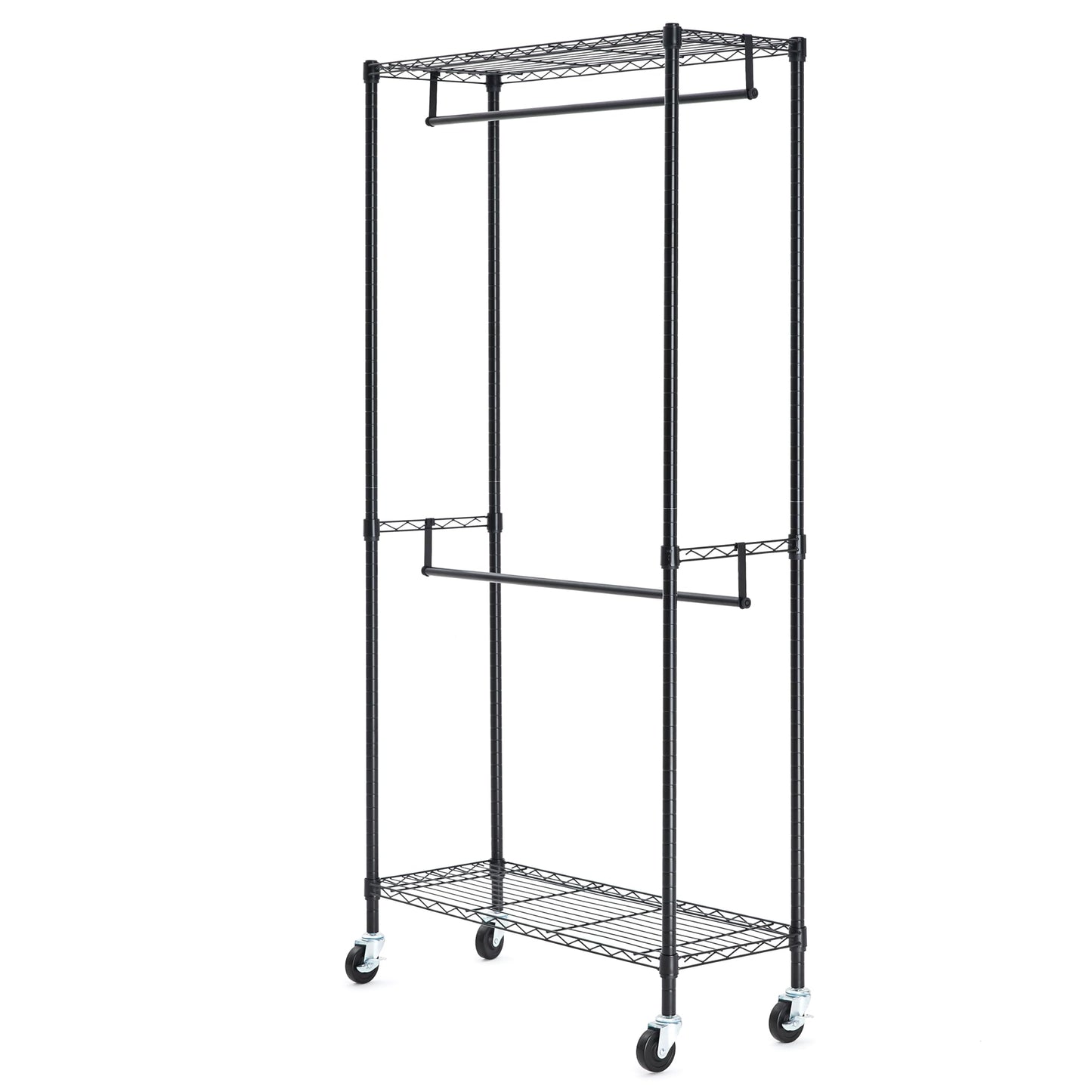Amazon Basics Adjustable Double Rod Rolling Garment Rack, Hanging Clothes Closet Organizer with Wheels, Heavy Duty, 36" x 14" x 72", Black