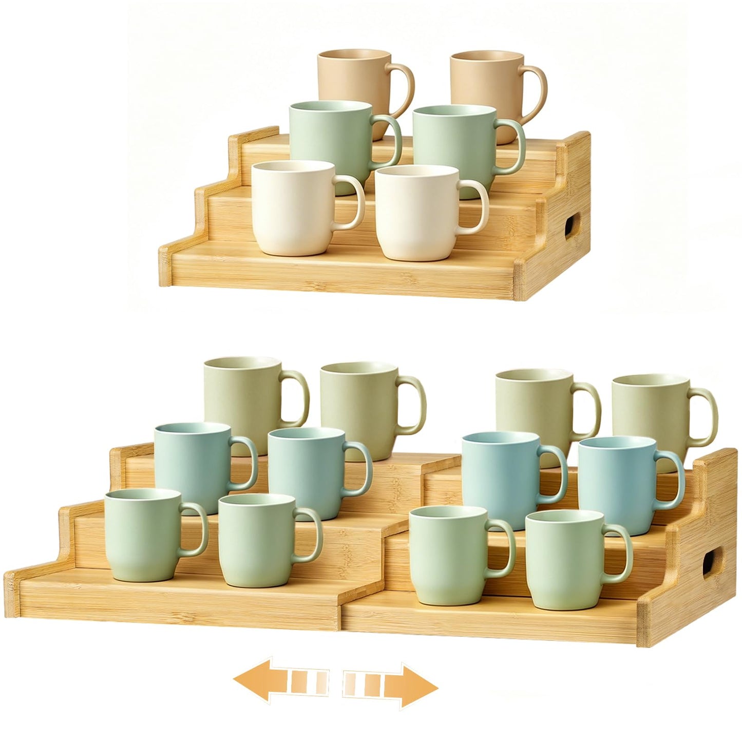 FIMOFIDRE 3-Tier Expandable Bamboo Mug Holder for Countertop Coffee Cup Holder Display Mug Organizer Mug Rack for Coffee Bar Organizer Mug Shelf for Cabinet for Kitchen, Home, No Assembly
