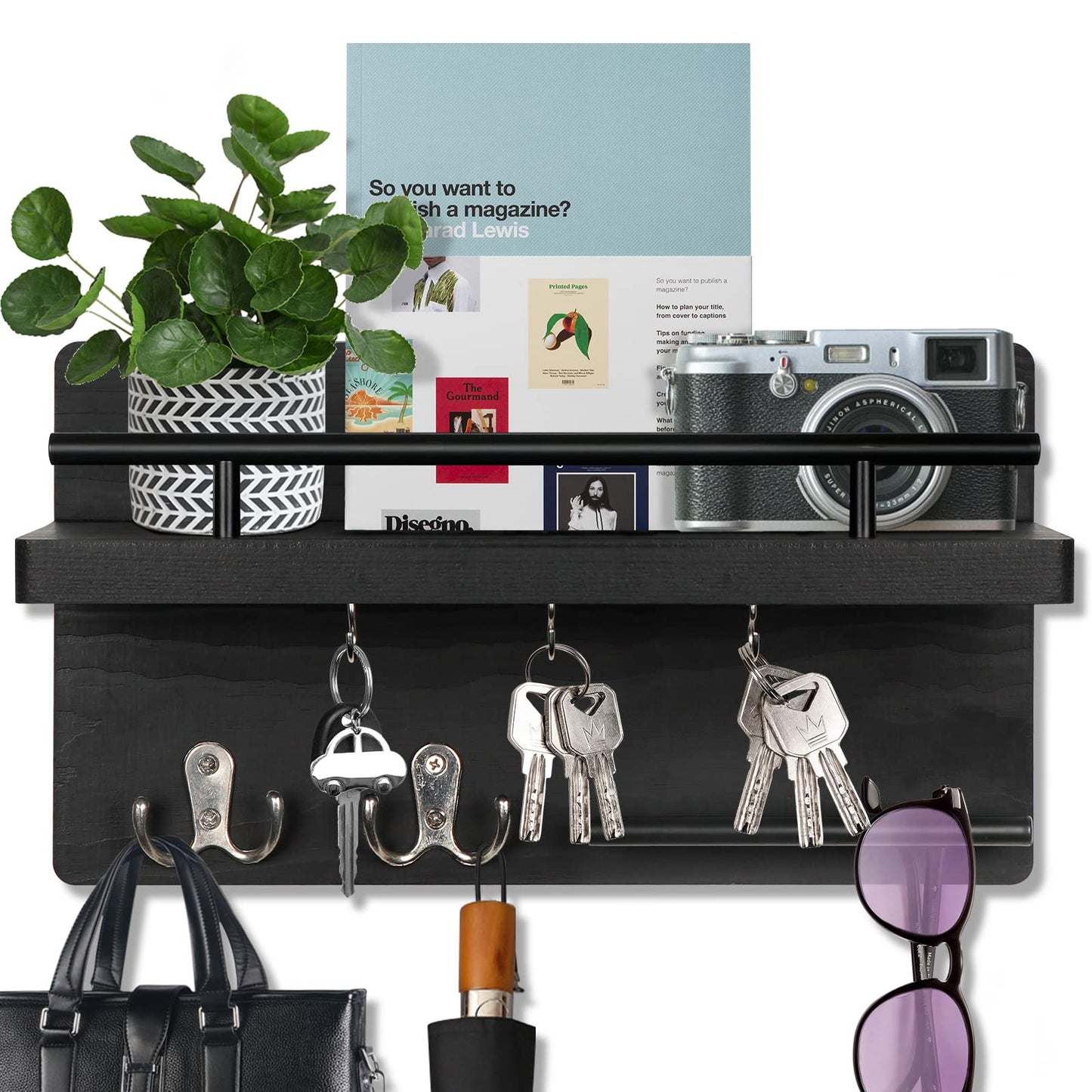 OurWarm Key Holder for Wall Decorative with 5 Key Hooks, Wall Mounted Key Hangers for Wall with Mail Key Rack, Wooden Mail Organizer with Shelf