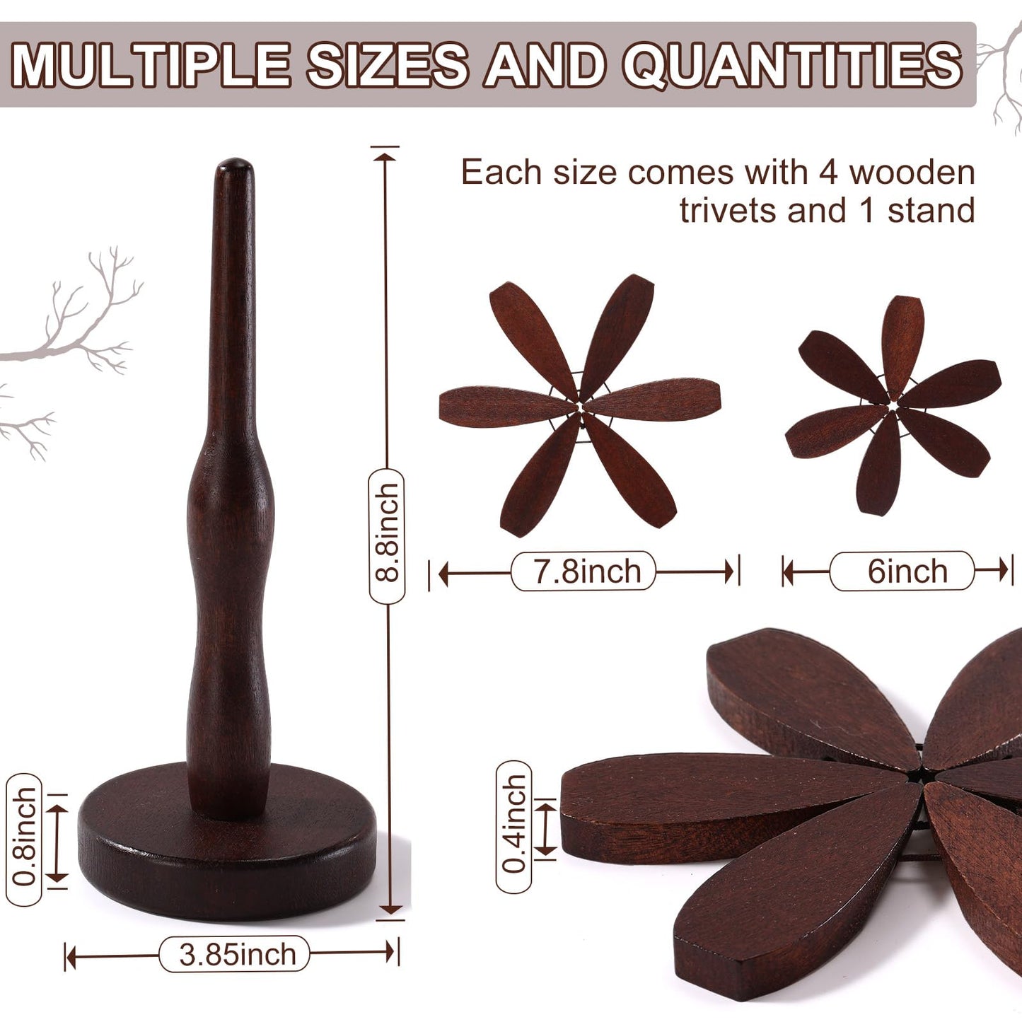 Wonderjune Tree Coasters Set of 8, Wooden Trivets for Hot Dishes, 2 Sizes Foldable Tree Shaped Trivets with 2 Stands, Decorative Kitchen Table Pad Mat Decor for Hot Pots, Pans, Cups(Walnut Wood)