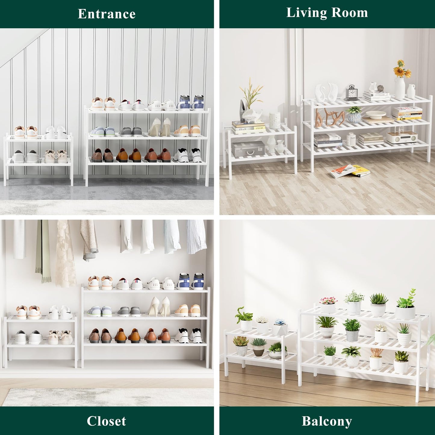 Smiry Long Bamboo Shoe Rack, 3 Tier Free Standing Wooden Shoe Organizer, Stackable Wood Shoe Storage Shelf for Closet, Entryway, 12 Vertical Slats, 2+1 Stack Standard Legs, 33.7"x11"x19.5", White