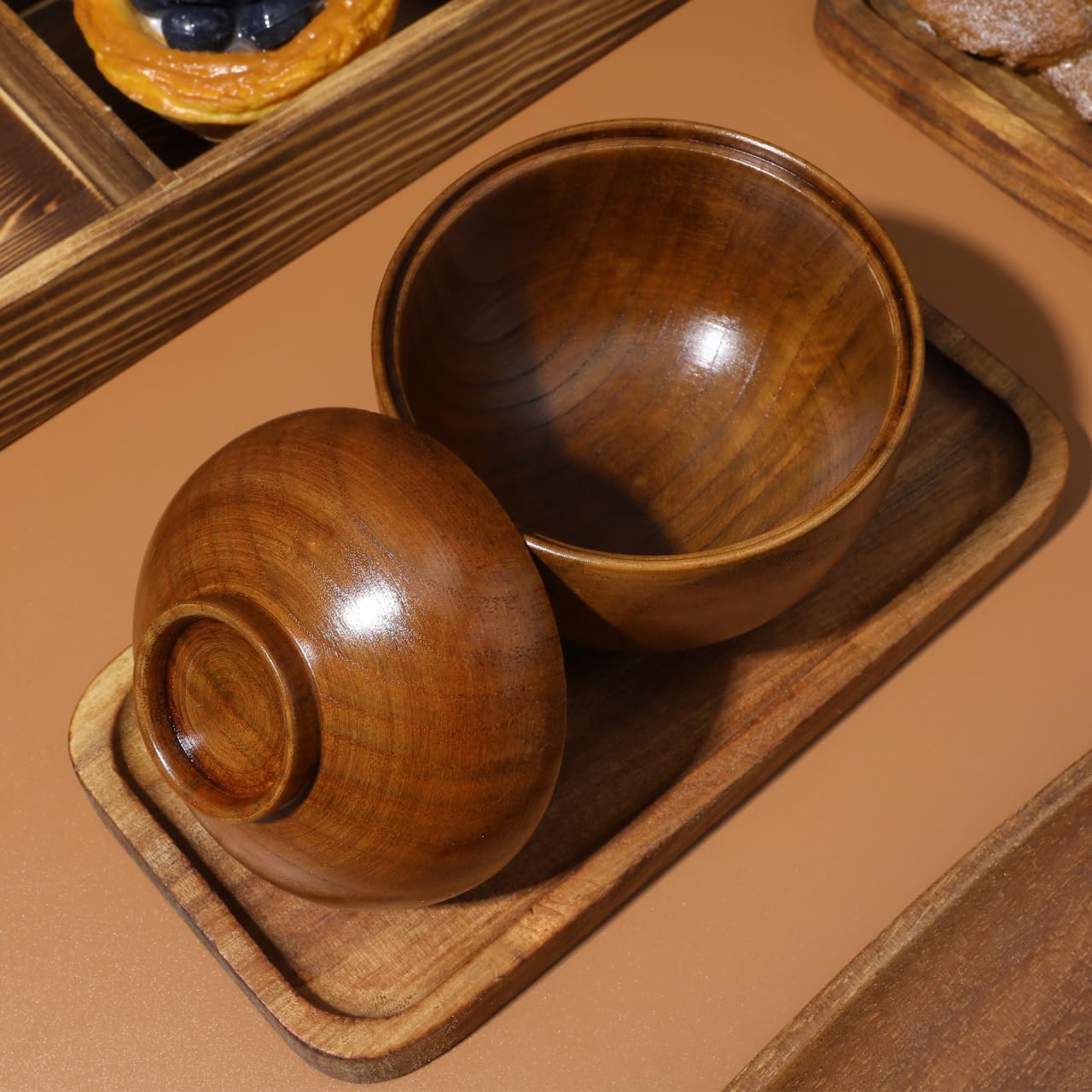 Baluue Japanese Style Wooden Rice Bowls with Lids Set of 2 3.93In Small Soup Serving Bowls for Salad Miso Soup and Snacks Lightweight Tableware for Home and Restaurant Use