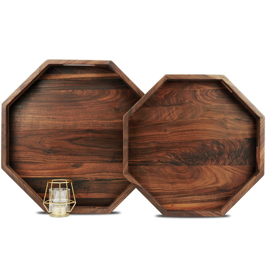 MAGIGO Set of 2 Large Octagonal Black Walnut Wood Ottoman Tray with Handles, Serve Tea, Coffee, Classic Wooden Circular Decorative Serving Tray, 14 &12 inches