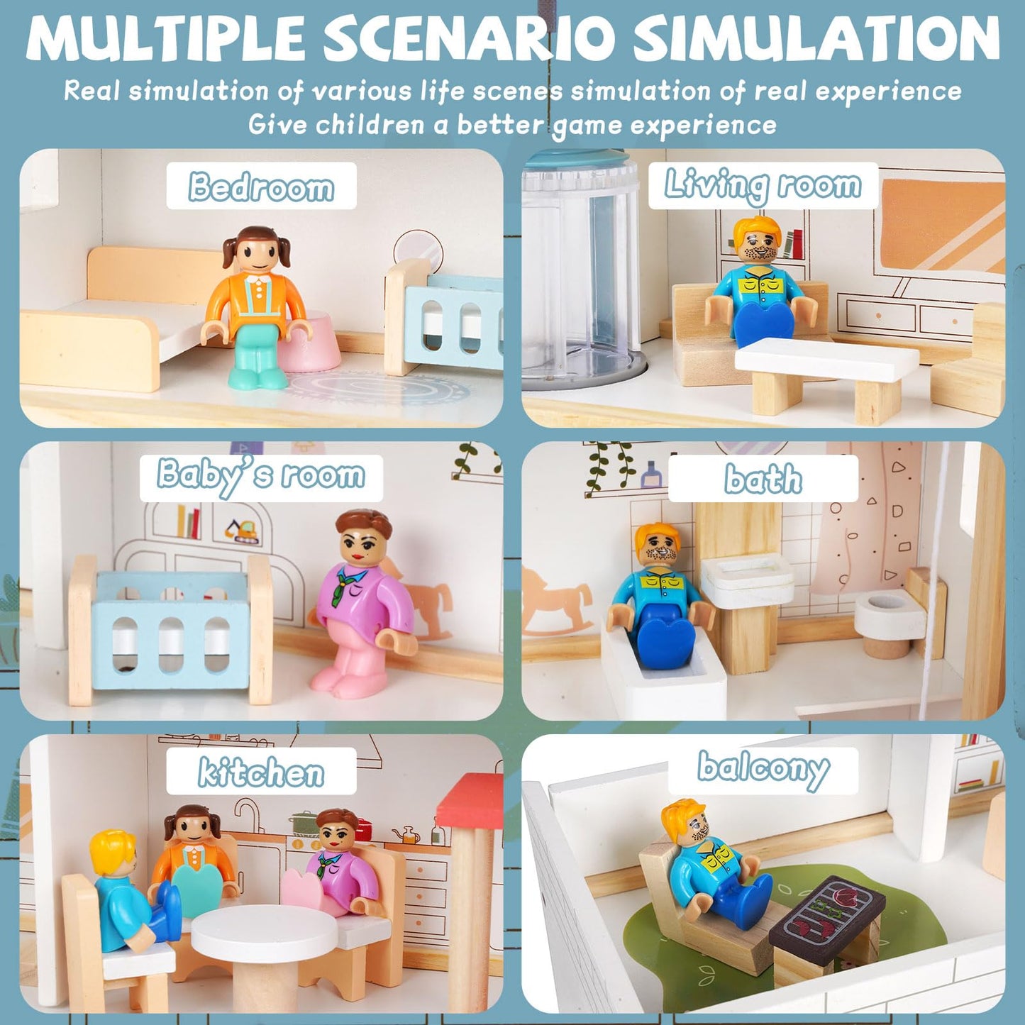 Wooden Dollhouse for Kids, 3-Story Wood Doll House Playset with Furniture, Accessories & 3 Toy Figures, DIY Pretend Play House for Toddlers, Girls & Boys, Miniature Dollhouse with Balcony Gift