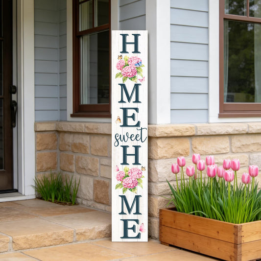 Welcome Sign for Front Door, Large 47 inch Wood Framed Welcome to Our Home Sign with Spring Flower Print & Hanging Rope, Vertical Farmhouse Wooden Board Standing for Front Door Porch Patio Outdoor Decor