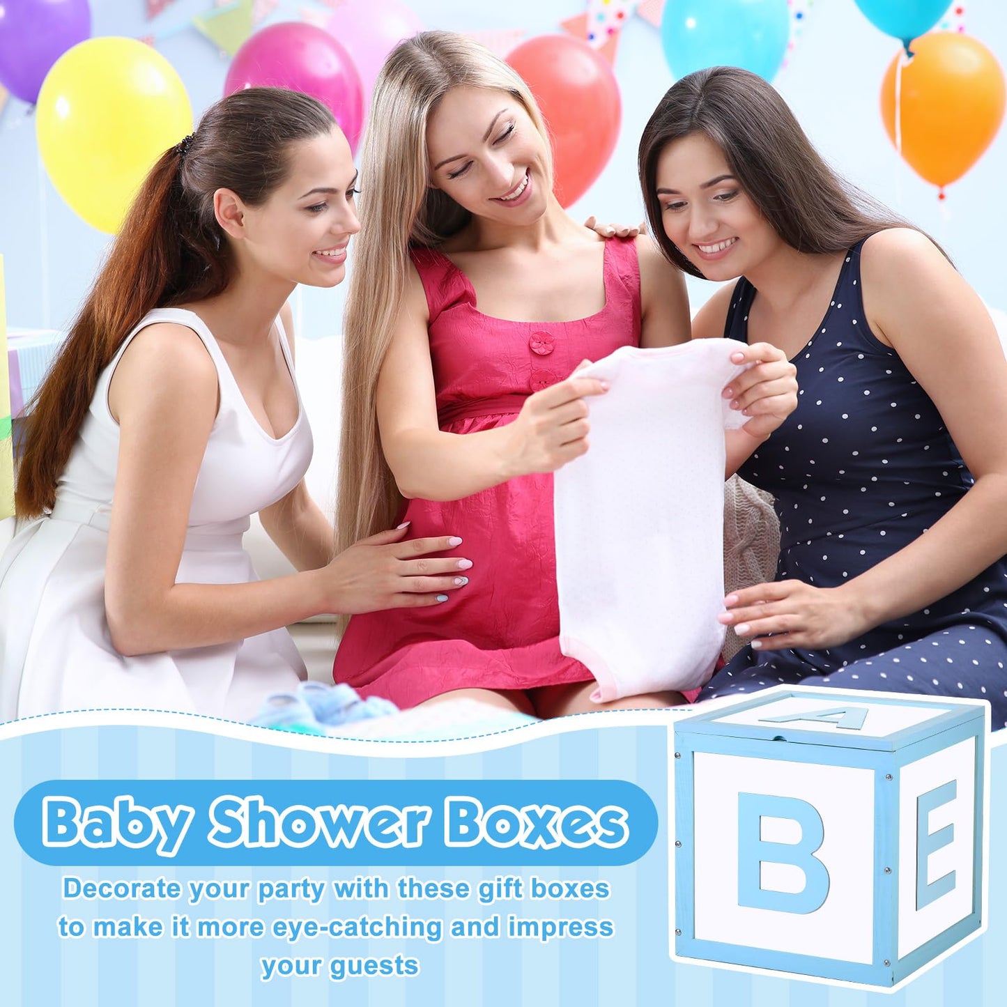 Chunful Wood Baby Shower Box Abc Display Box for Party Decorations with Alphabet Letters Personalized Shower Gifts Basket Party Blocks Backdrop for Boys and Girls(Blue,White)