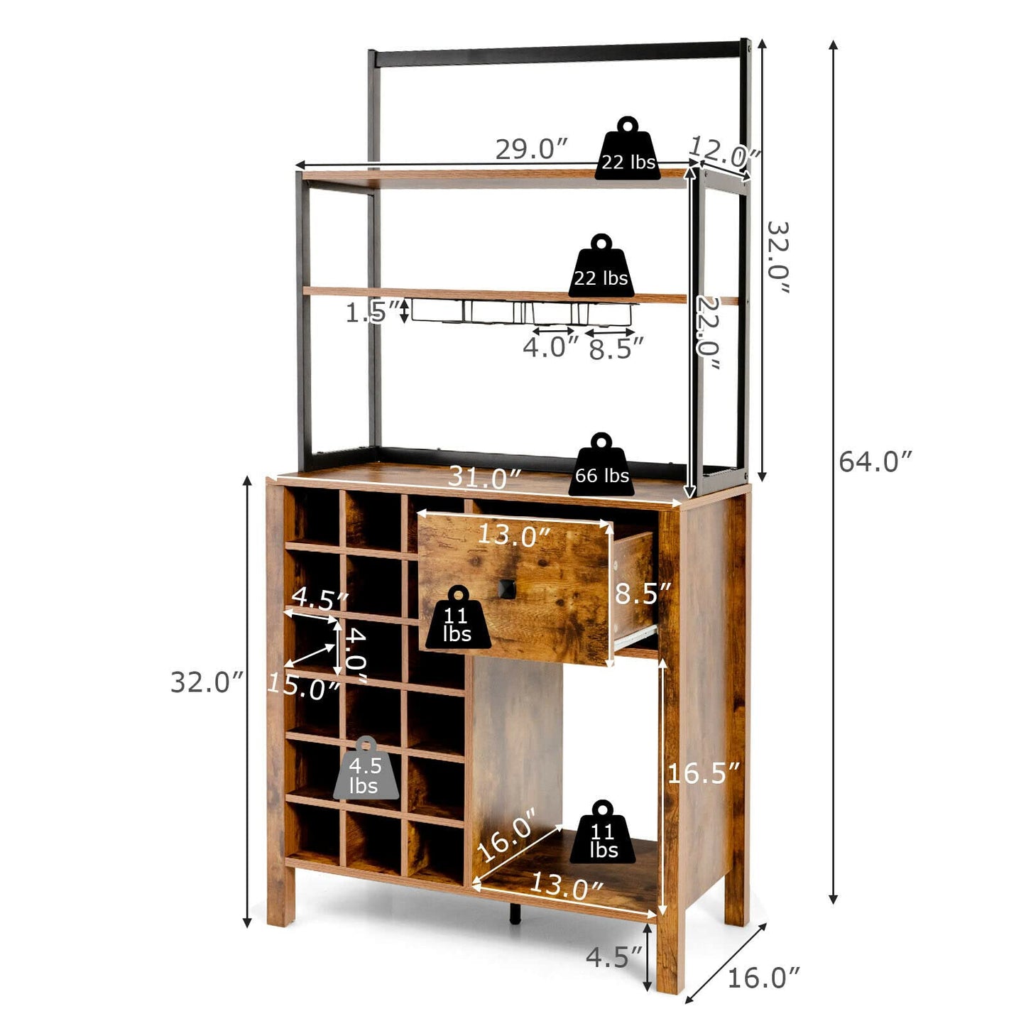 Giantex Wine Cabinet 18 Bottles, Buffet Hutch with Storage Drawer, Wooden Sideboard Wine Rack, Metal Spice Bakers Rack with Glass Holder, Kitchen Microwave Stand Living Room (Rustic Brown)