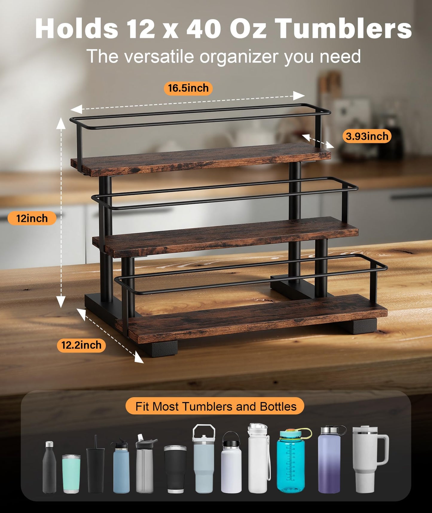 Wolera Stanley 40 oz Tumbler Compatible Organizer, 3-Tier Water Bottle Organizer with Wooden Shelves, Carbon Steel Rack Holds 12 Bottles, Kitchen & Bar Storage