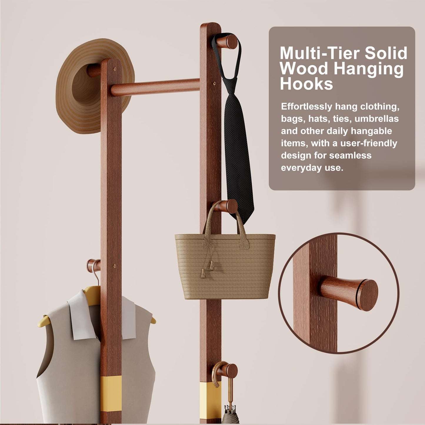 KIRROUS Solid Wood Coat Rack Freestanding, Clothing Rack with 5 Hooks & Bottom Shelf, Heavy Duty Coat Rack Stand for Hanging Clothes, Wood Hall Tree Organizer for Entryway, Bedroom (Walnut Brown)