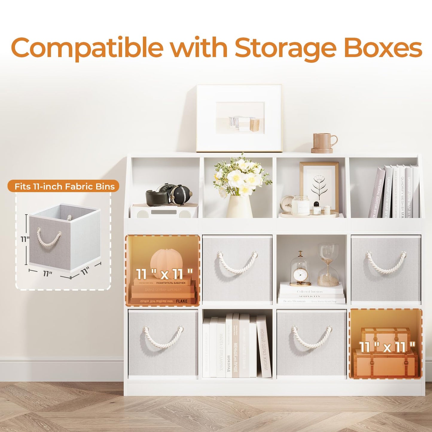 NELYE 6-Cube Wooden Storage Bookcase - 11-Inch Open Shelf Cabinet, Simple Modern Bookshelf Organizer for Home Office, Living Room, White