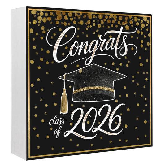 Gold Black Graduation Cap Wood Box Sign Desk Decor, Class of 2026 Academic Modern Decorative Wooden Block Box Sign Decorations for Home Office Shelf Table Decor 6x6 Inches