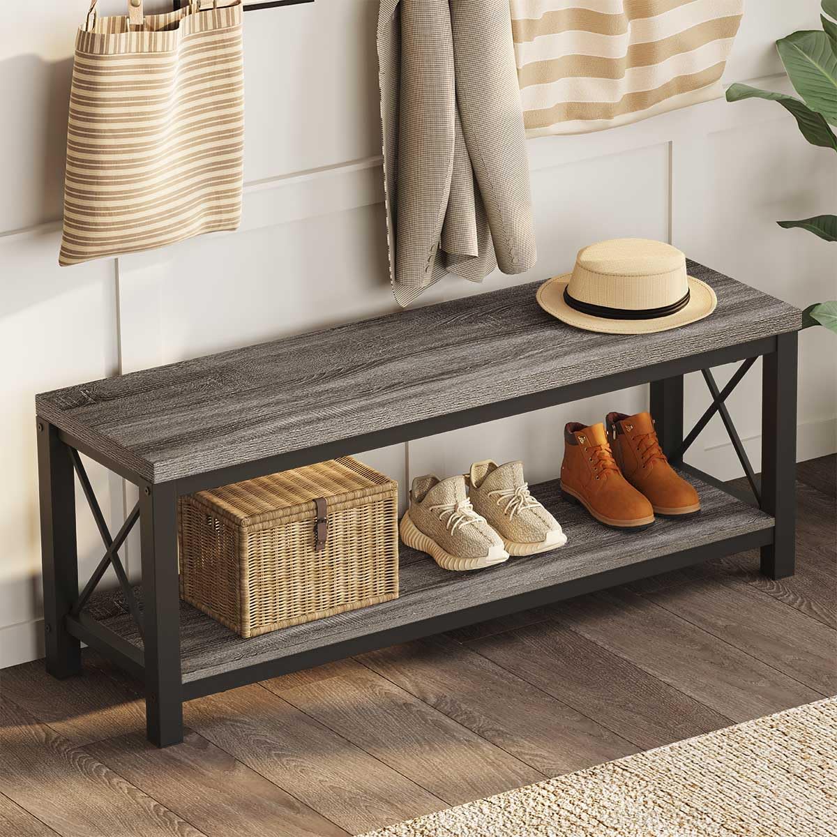 BON AUGURE Gray 3-Tier Console Table with Storage Shelves and Matching Entryway Bench for Hallway, Living Room or Foyer (Dark Grey Oak)