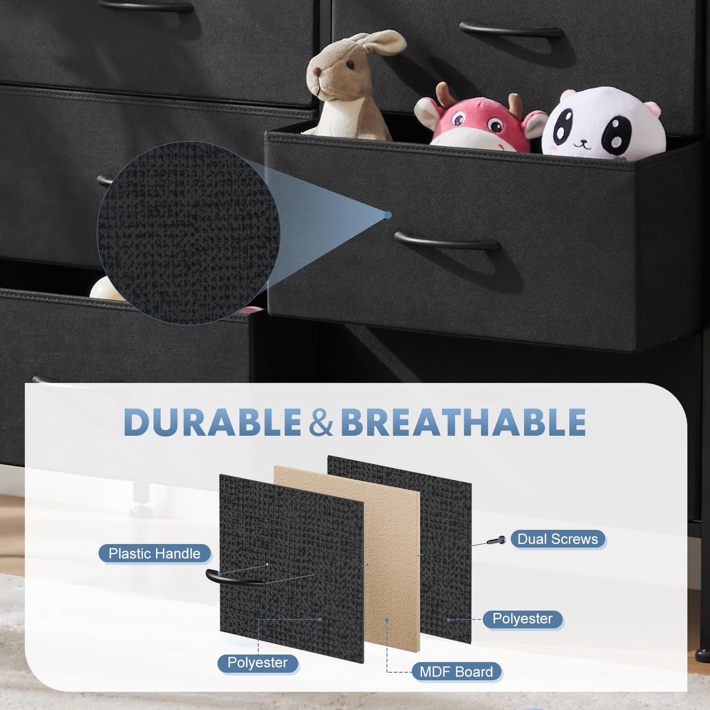 DUMOS Black Bedroom Dresser for Closet, Fabric Dresser, Chest of 6 Drawers