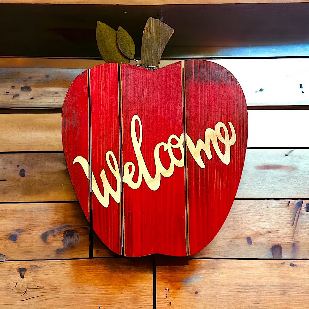 STC World Apple Welcome Wall Door Room Decor Hanging Wooden Art Home Office Indoor Outdoor (Red Apple Welcome)