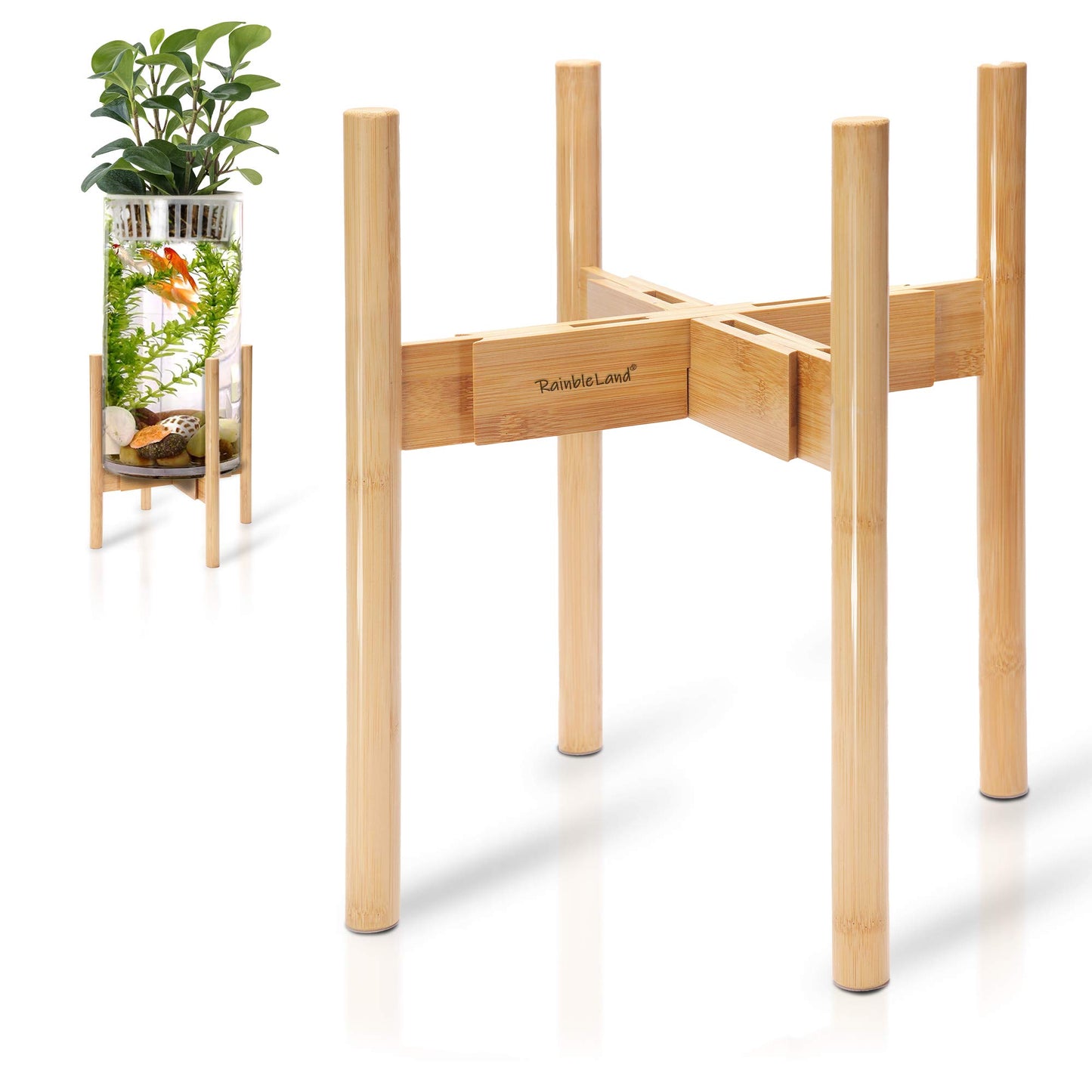 RAINBLELAND Indoor Plant Stand, Adjustable Wooden Tall Plant Stand, Indoor Planter Holder, Mid Century Modern Planter Outdoor Bamboo Holder, Fits 8 9 10 11 12 in Wide Basket, Expandable Pedestal Only