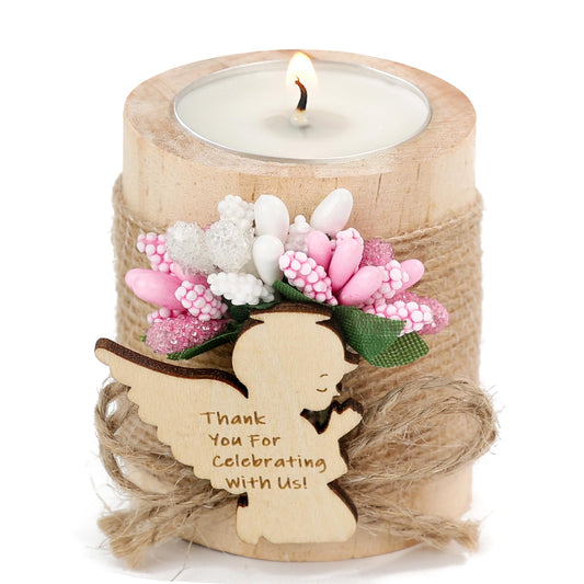 10 Pcs Handmade Wooden Tea Candle Holders, Baptism Gift,Christening Gift, Gender Reveal Guest Favors with Personalized Tags, Adult Baptism.(Light-Pink)