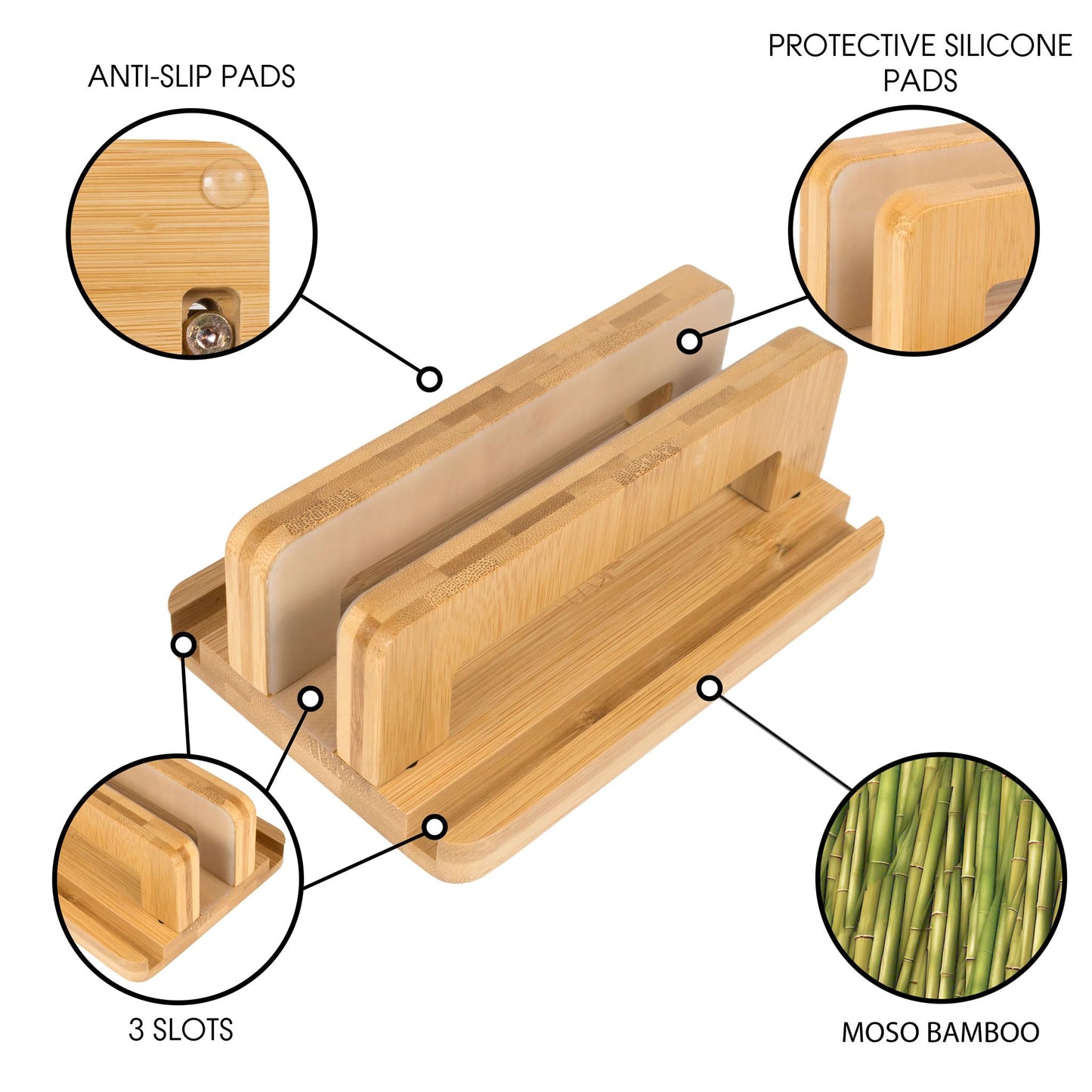 S&A WOODCRAFT 3 Slots Bamboo Wood Vertical Laptop Stand, Adjustable Wooden Laptop Holder, Non-Slip Laptop Dock Compatible with Apple MacBook, Microsoft Surface, Gaming Laptops, IPad, Tablets