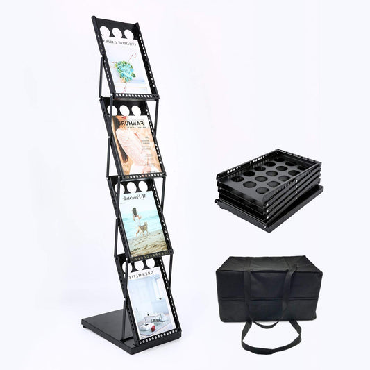 Polmart 4-Tier Brochure Literature Display Floor-Stand Rack with Adjustable Pockets. Portable Collapsible Design with Carry Bag for Trade Shows, Offices, Retail Stores (Black)