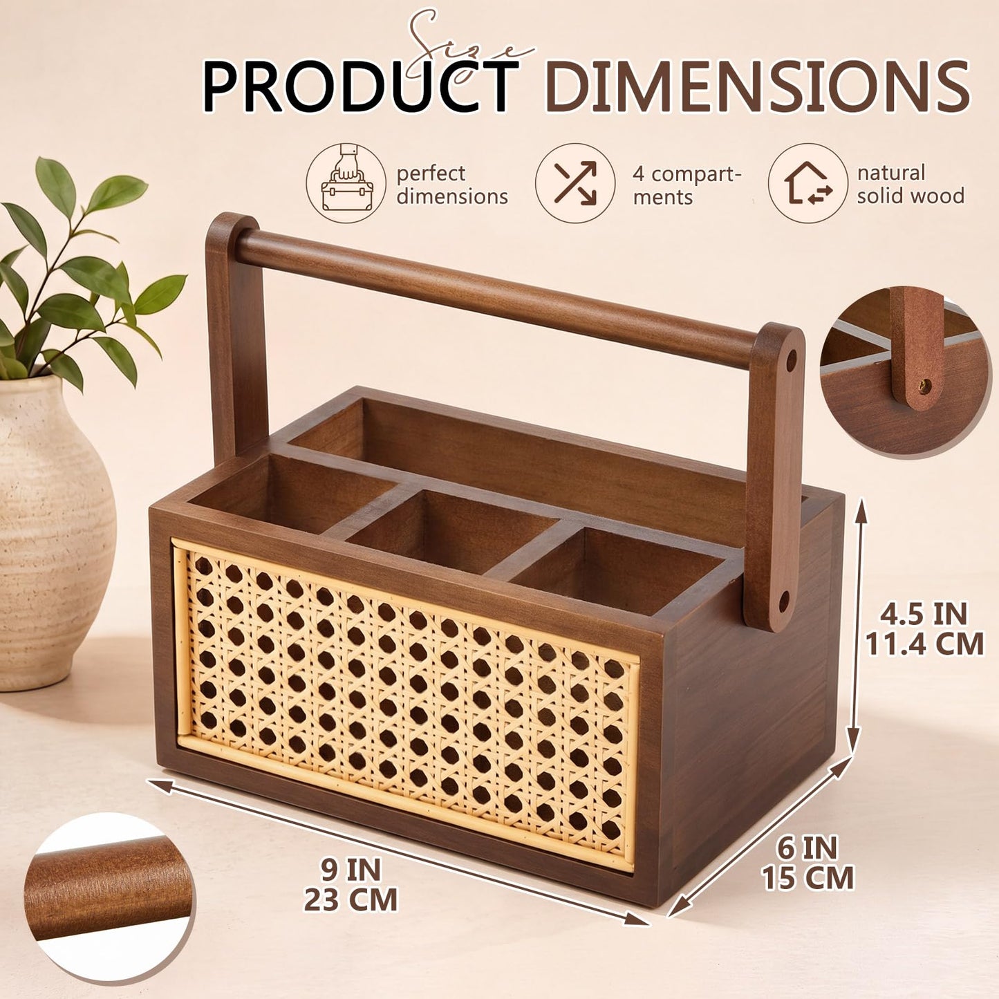 Mifoci Wooden Silverware Caddy with Handle, Wicker Utensil Holder Countertop Cutlery Caddy for Spoons Forks Knives Napkins Plates, Multi Purpose Organizer for Kitchen Office Bathroom Bedroom