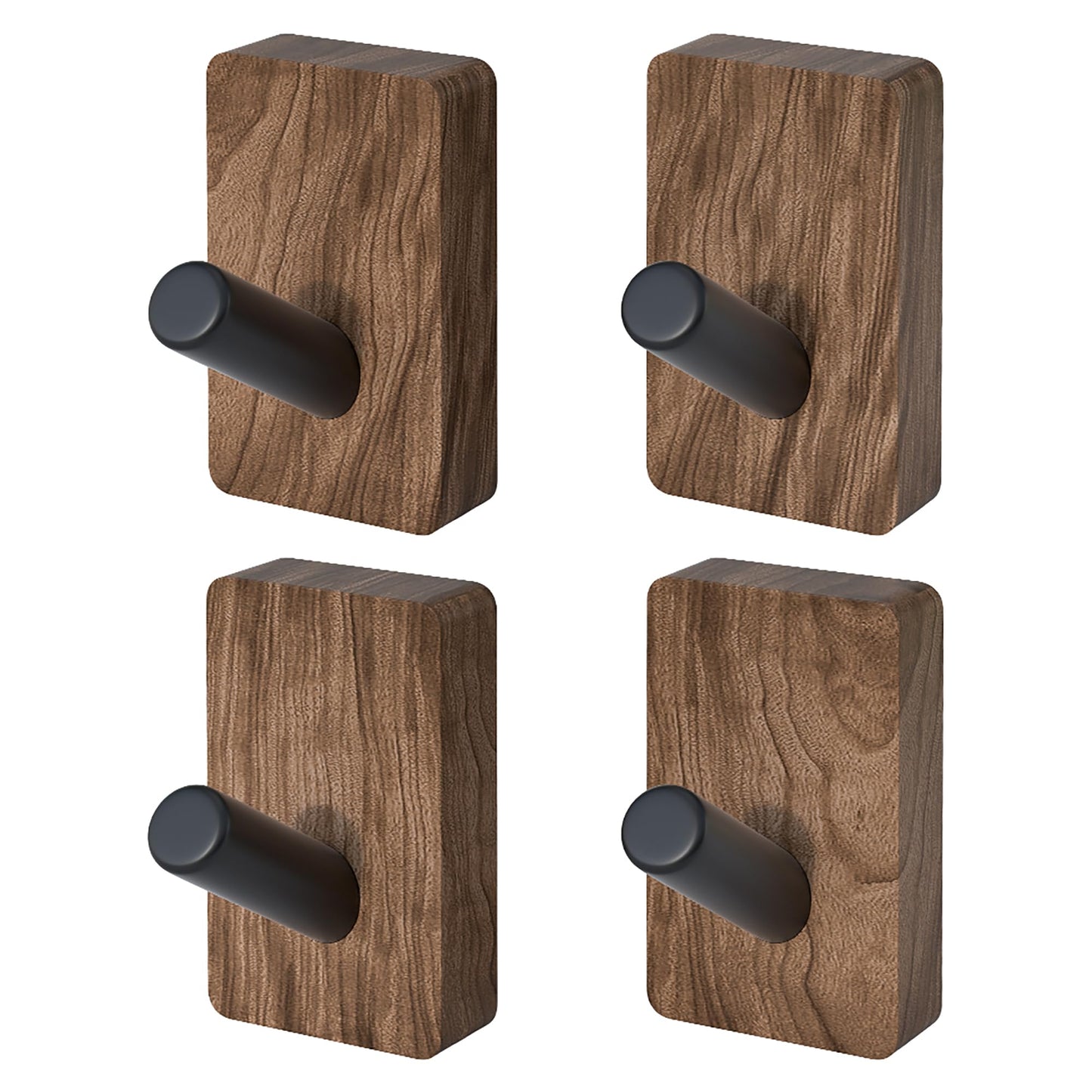 IURRDOP 4 PCS Black Walnut Wood Wall Hooks, Adhesive Mounted & Wall Mounted Rustic Decorative Entryway Hooks, Mid Century Modern Natural Wooden Pegs for Hanging Coat Clothes Hat Bag Purse and Towel