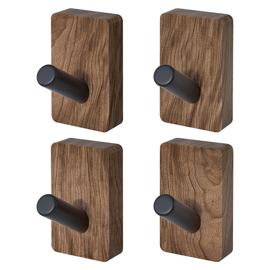 IURRDOP 4 PCS Black Walnut Wood Wall Hooks, Adhesive Mounted & Wall Mounted Rustic Decorative Entryway Hooks, Mid Century Modern Natural Wooden Pegs for Hanging Coat Clothes Hat Bag Purse and Towel