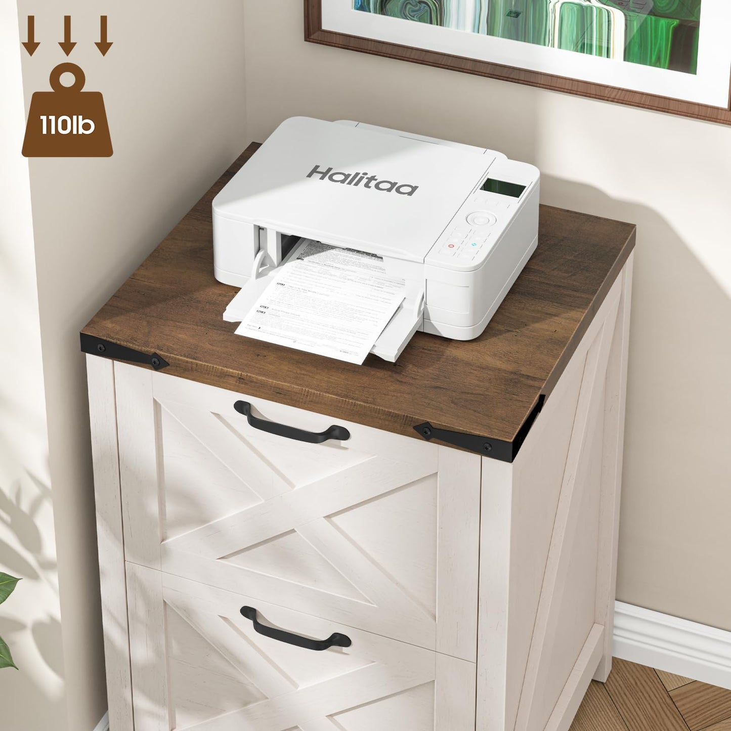 Halitaa Farmhouse File Cabinet, Vertical Under Desk Wooden Storage with 2 Drawers, Small Filing Cabinet Fits Letter and A4 Size for Home Office, Printer Stand, White and Brown