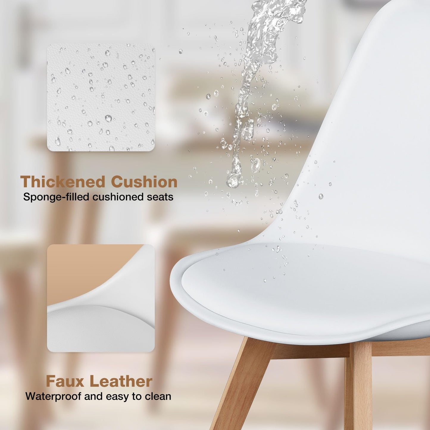 OLIXIS Dining Chairs Set of 4, PU Leather Upholstered Kitchen Chairs with Solid Wood Legs, Mid Century Modern Accent Chair for Living Room, Bedroom, Patio, White