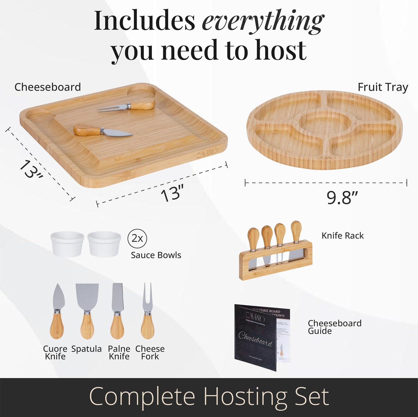 Charcuterie Board Set Bamboo with Cheese Knives and Bowls, Large Wooden Serving Platter for Entertaining, Housewarming and Wedding Gift by Cavrro