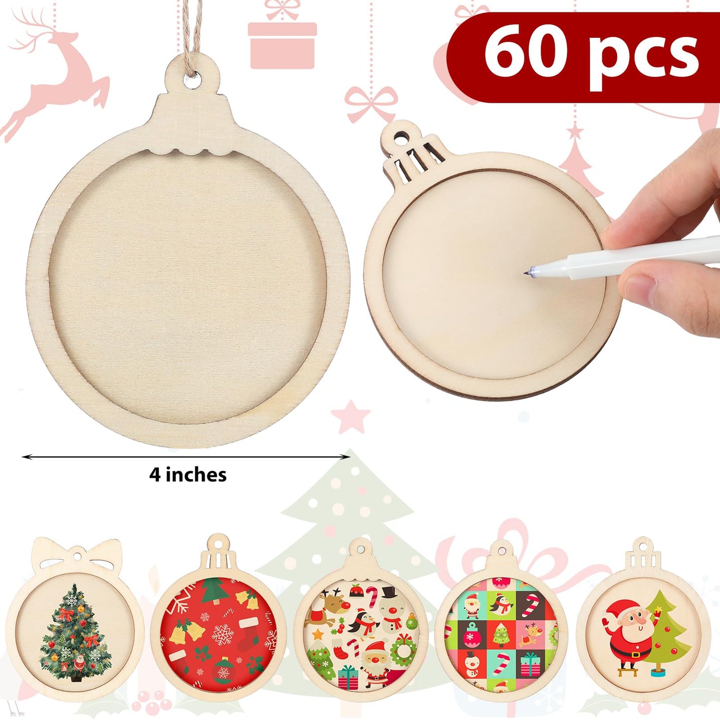 Gerrii 30 Pcs Christmas Wooden Ornaments to Paint 4 Inch DIY Unfinished Blank Round Wood Cutouts Wooden Discs Slices Hanging Ornaments for Christmas Holiday Xmas Tree Decoration DIY Crafts in 5 Shapes