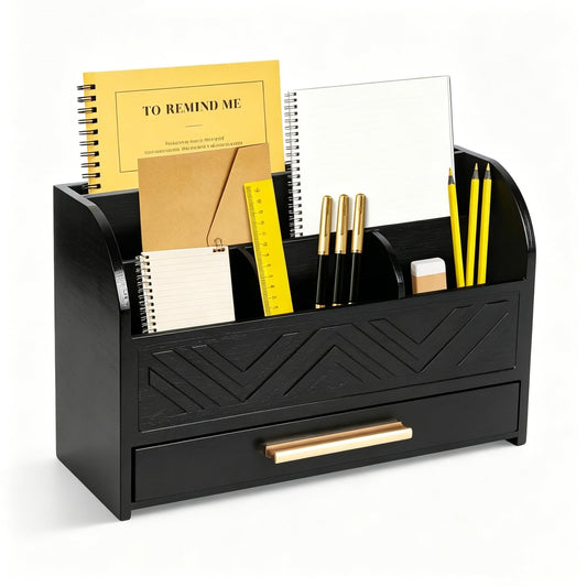 Charmewooden Black Desktop Organizer with Drawer Storage, White Desk Organizer Mail Holder Mail Organizer Countertop Pen Holder Letter Sorter Make up Organizer for School Home Office Supplies