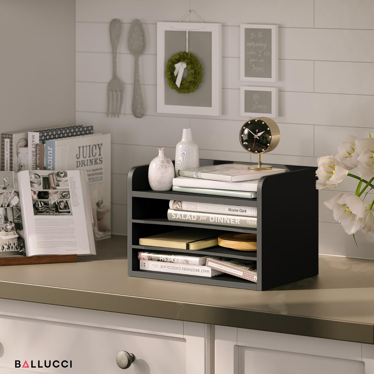 Ballucci File Organizer, 4-Tier Office Desk Organizer, Open Top Wood Paper Organizer for Classroom, Mail Sorter Paper Tray with Adjustable Storage Shelves, Black