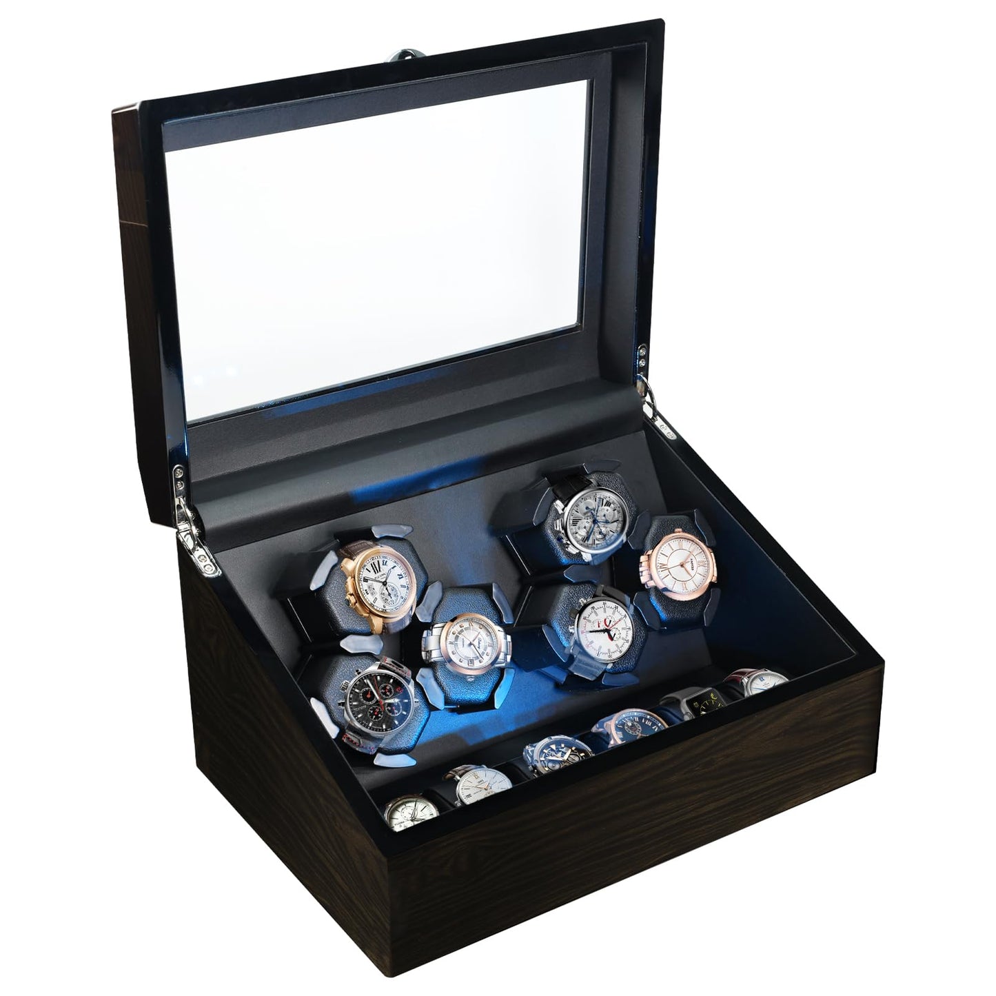 JuviPerpric Watch Winder for Automatic Watches, 6 Automatic Watches with 6 Storages, Blue Backlight and Foam Pad, 4 Rotation Modes Rotating Watch Box (Wood)