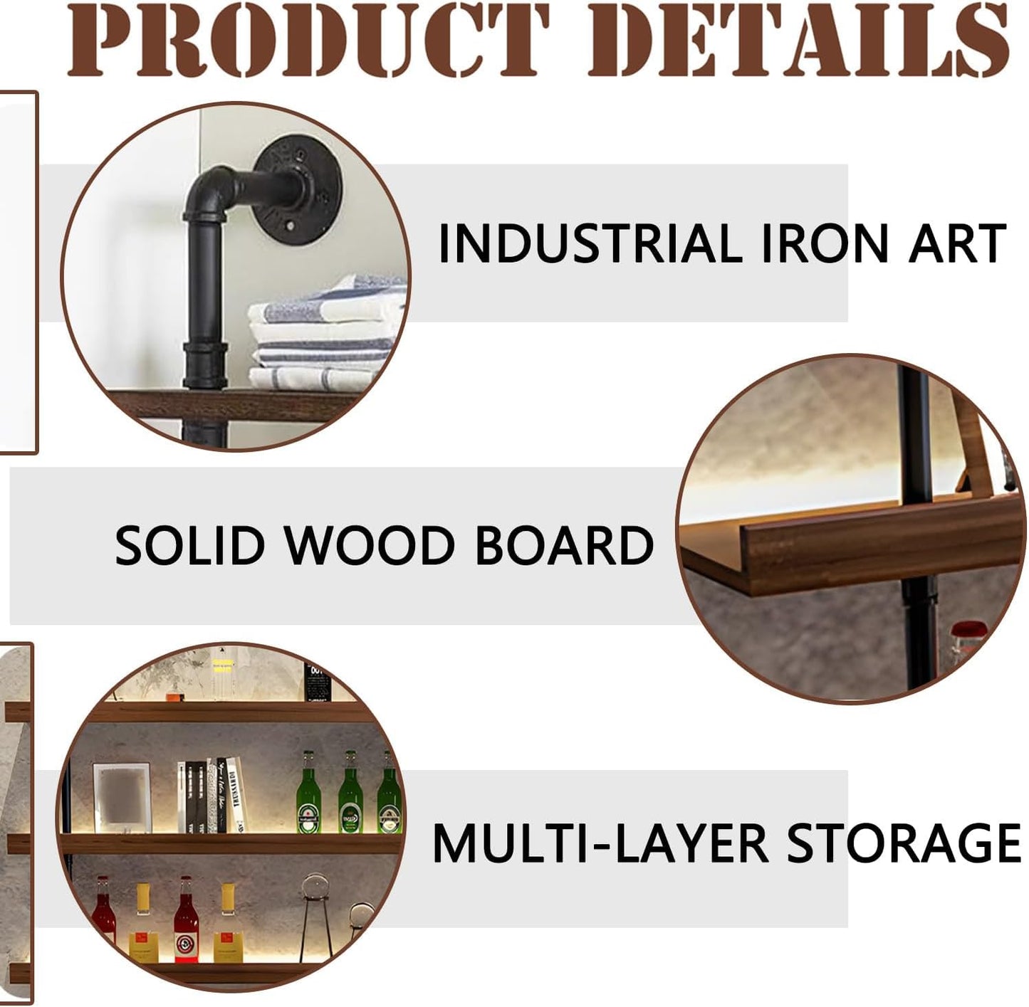 Dawselod 39.7in Large Wine Rack with LED Light Solid Wood Wall Mounted Wine Rack, 3-Tiers Liquor Bottles Floating Shelves Display Storage Organizer for Home Bar & Dining Room (100cm/39.7in)