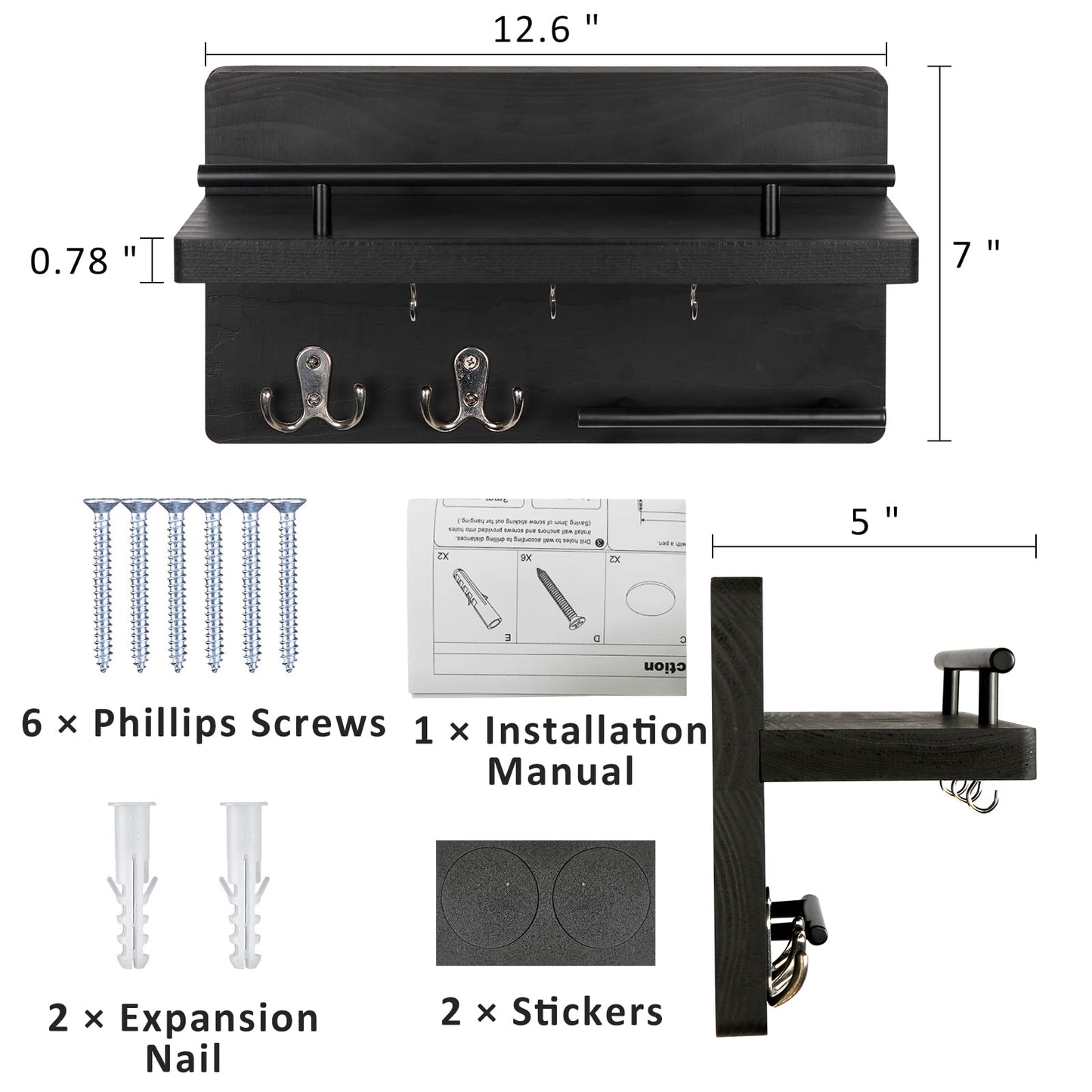 OurWarm Key Holder for Wall Decorative with 5 Key Hooks, Wall Mounted Key Hangers for Wall with Mail Key Rack, Wooden Mail Organizer with Shelf