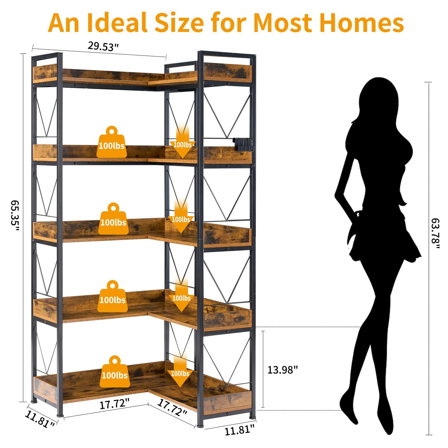 DUMOS 65 inch L Shaped Bookshelf, 5 Tier Corner Bookcase with Hooks and Edge, Industrial Pantry Shelves with Metal Frame, Wooden Open Storage for Living Room, Home Office, Bedroom, Rustic Brown